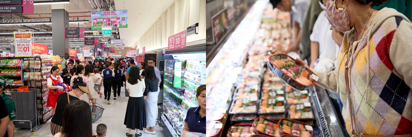 Left: Busy crowds following soft opening / Right: Popular sushi from the delicatessen