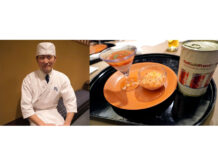 Italian “Red Gold” Tomatoes: Japanese–Western Collaboration Dinner at a Traditional Japanese Restaurant Chef Naoki Donna saying he will continue to consider collaboration menus combining Japanese cuisine and tomatoes. / Dessert made using Red Gold tomatoes.