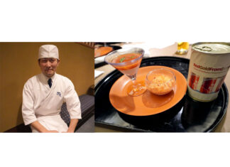 Italian “Red Gold” Tomatoes: Japanese–Western Collaboration Dinner at a Traditional Japanese Restaurant Chef Naoki Donna saying he will continue to consider collaboration menus combining Japanese cuisine and tomatoes. / Dessert made using Red Gold tomatoes.