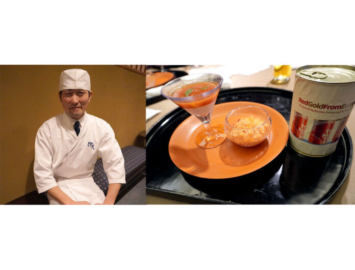 Chef Naoki Donna saying he will continue to consider collaboration menus combining Japanese cuisine and tomatoes. / Dessert made using Red Gold tomatoes.