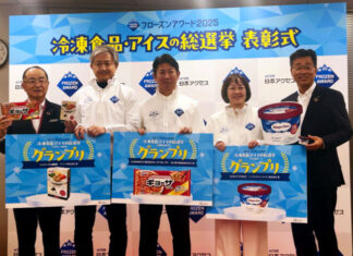 Ajinomoto Frozen Foods’ “Gyoza” Wins for the Sixth Straight Year at Frozen Award 2025, Aiming to Build In-Store Displays That Encourage Shoppers to Pick Up “One More Item” From left: Junichi Sasaki, Chairman of Nippon Access; representatives of the three companies that won the Grand Prix; and President Shinya Hattori