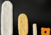 Surprisingly Few Toddler Foods Take Eating-Function Development into Account; Kameda Seika, Calbee, and Wayo Women’s University Jointly Study How Toddlers Eat From left: “Hai Hain” (Kameda Seika), prototype rice crackers (Kameda Seika), “Sapporo Potato for Ages 1 and Up” (Calbee), and “Vegeful Ring” (Calbee)