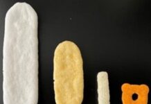 Surprisingly Few Toddler Foods Take Eating-Function Development into Account; Kameda Seika, Calbee, and Wayo Women’s University Jointly Study How Toddlers Eat From left: “Hai Hain” (Kameda Seika), prototype rice crackers (Kameda Seika), “Sapporo Potato for Ages 1 and Up” (Calbee), and “Vegeful Ring” (Calbee)